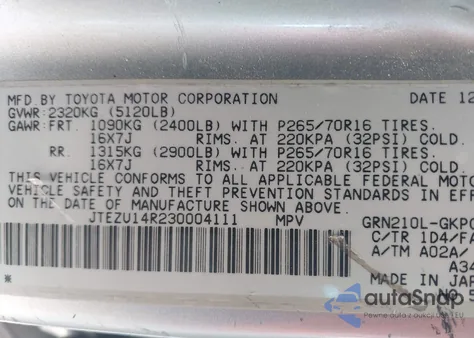 2003 Toyota 4Runner Sr5 V6 z USA, uszkodzony, nr VIN JTEZU14R230004111